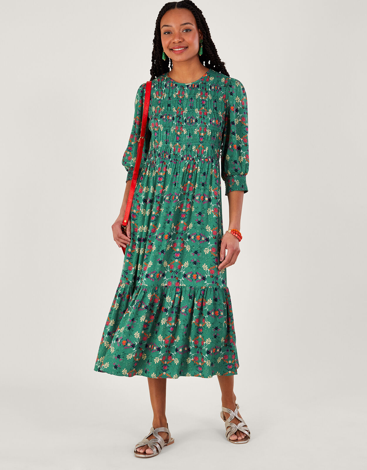 Floral Printed Sleeve Shirred Dress in LENZING ECOVERO Green Day Dresses Monsoon Global
