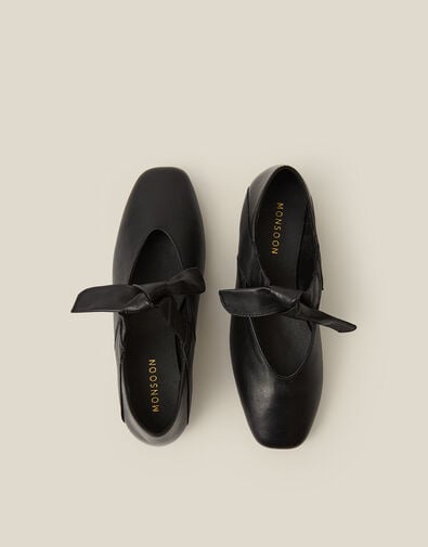 Rena Bow Strap Leather Ballet Flats, Black (BLACK), large