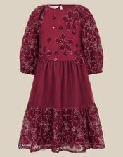 Floral Embellished Long Sleeve Mesh Dress, Red (BURGUNDY), large