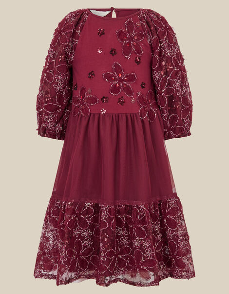Floral Embellished Long Sleeve Mesh Dress, Red (BURGUNDY), large
