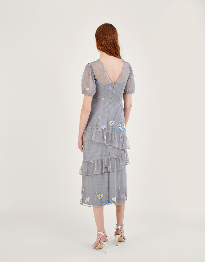 Gwendolyn Embroidered Tiered Midi Dress, Grey (GREY), large