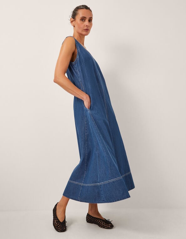 Sara Sleeveless Denim Maxi Dress, Blue (MID AUTHENTIC BLUE), large
