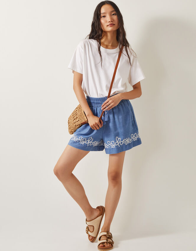 Isolde Embroidered Chambray Shorts, Blue (DENIM BLUE), large