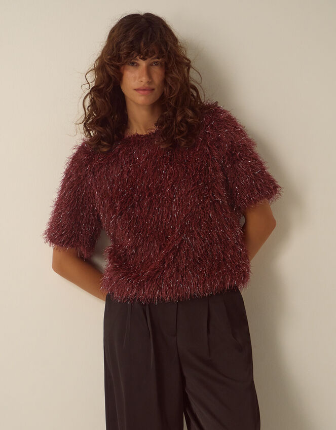 Terri Short Sleeve Fringe Top, Red (BURGUNDY), large