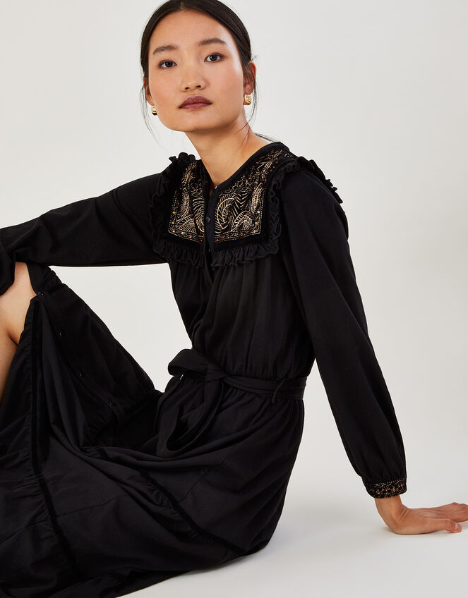 Velvet Embroidered Yoke Jersey Dress, Black (BLACK), large