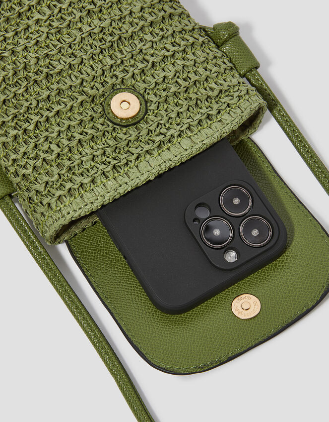 Rosie Raffia Phone Bag, Green (KHAKI), large