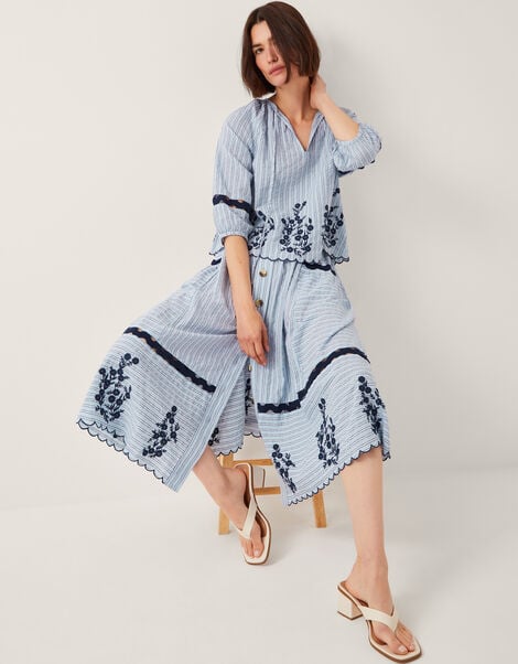 Cara Embroidered Stripe Midi Skirt, Blue (BLUE), large