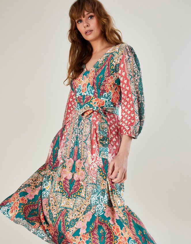 Scarf Print Jersey Dress with Organic Cotton, Orange (RUST), large