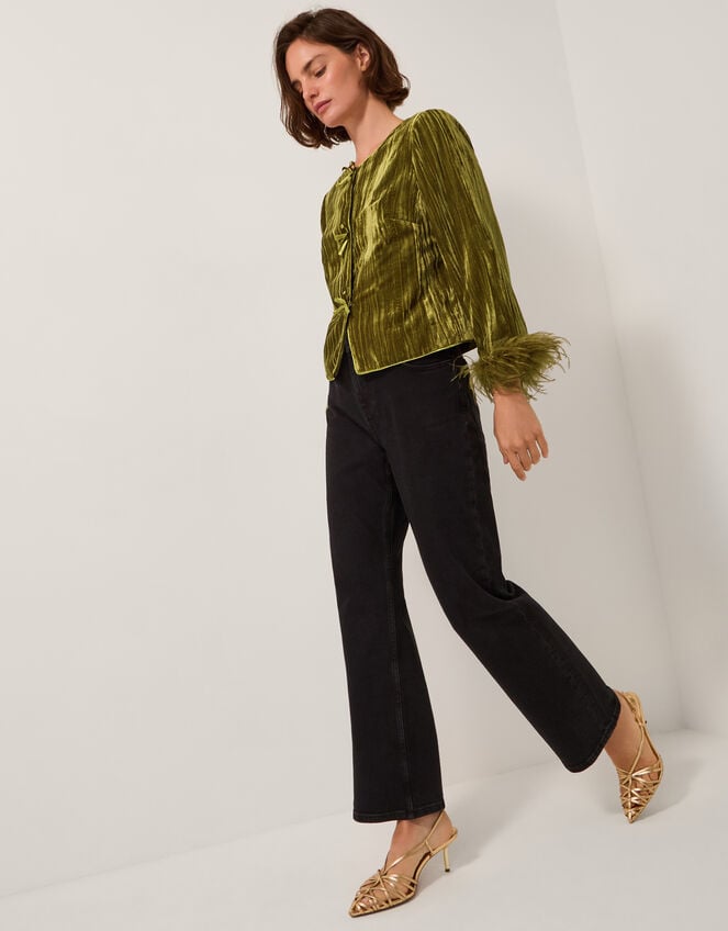 Olivia Feather Cuff Velvet Jacket, Green (OLIVE), large