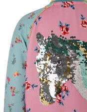 Sequin Horse Ditsy Floral Bomber Jacket, Blue (BLUE), large