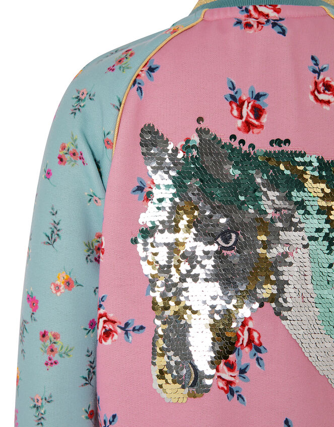 Sequin Horse Ditsy Floral Bomber Jacket, Blue (BLUE), large