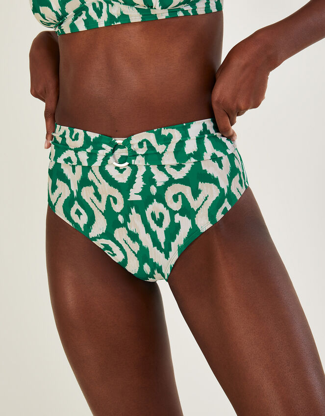 Ikat Print High Waist Bikini Bottoms with Recycled Polyester, Green (GREEN), large
