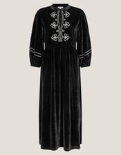 Venus Embroidered Stretch Velvet Midi Dress, Black (BLACK), large