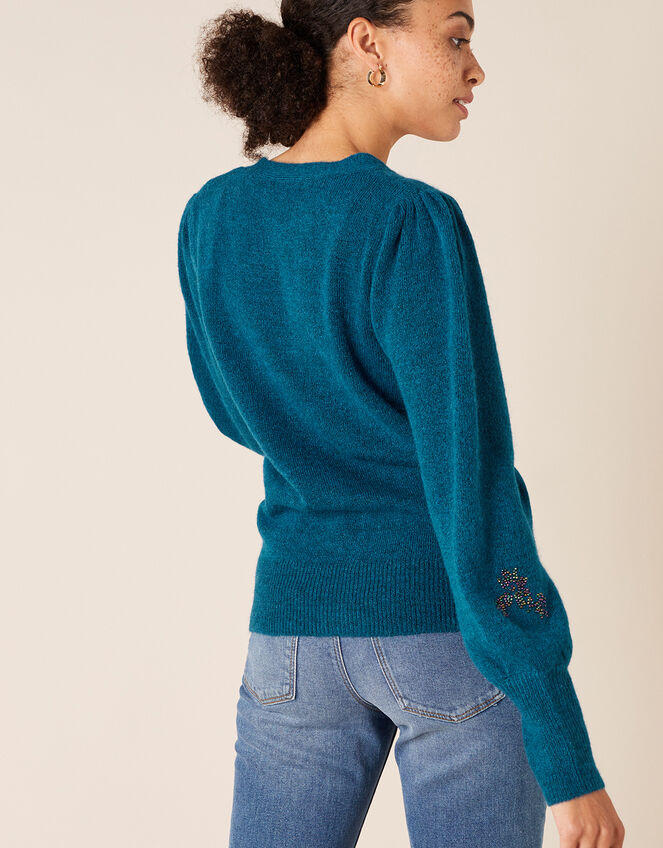 Beaded Knit Cardigan with Recycled Fabric, Teal (TEAL), large