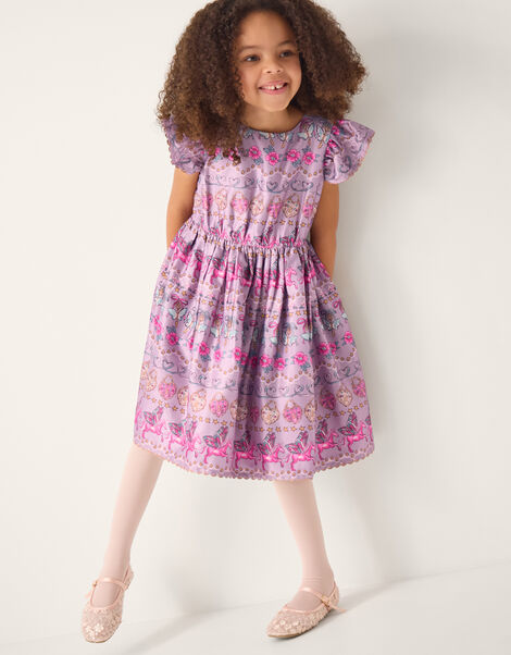 Magical Unicorn Print Satin Dress, Purple (PURPLE), large