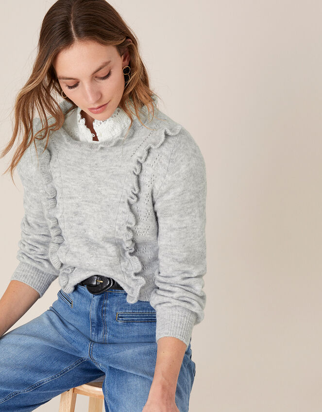 Ruffle Pointelle Knit Jumper, Grey (GREY), large