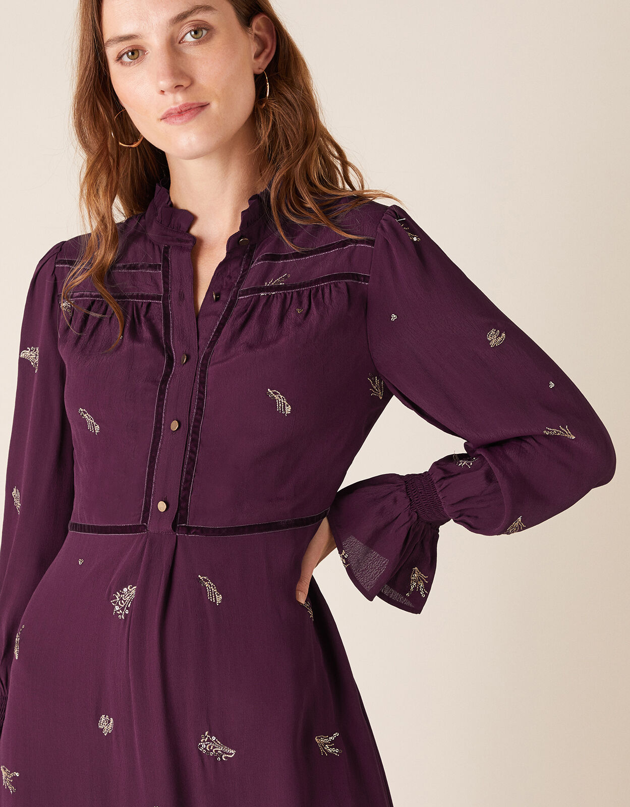 purple long sleeve midi dress