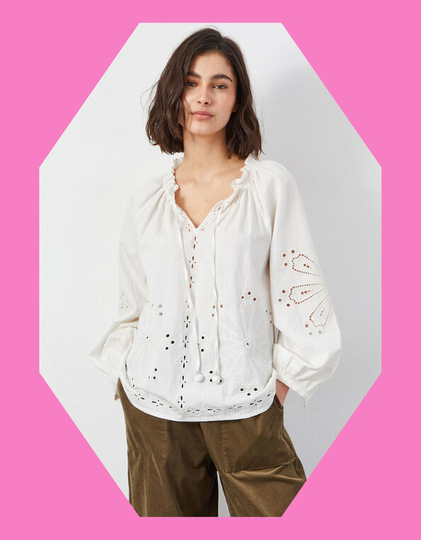East Aliona Broderie Blouson Blouse, Ivory (IVORY), large