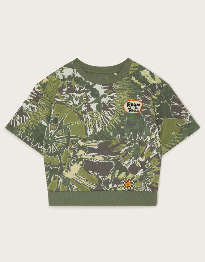 Camo Tie Dye Short Sleeve Sweat Top, Green (KHAKI), large