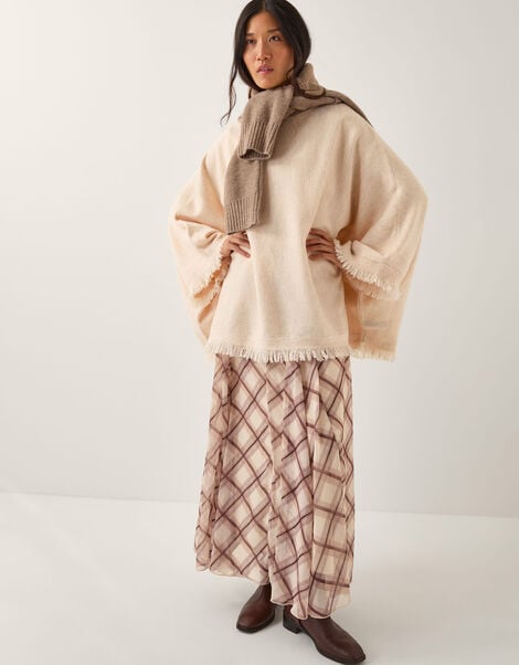 Fay Fringe Trim Poncho , Natural (NATURAL), large