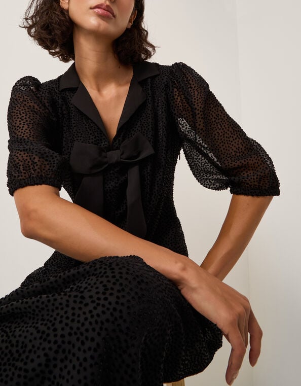 Mae Polka Dot Devor&eacute; Midi Dress, Black (BLACK), large