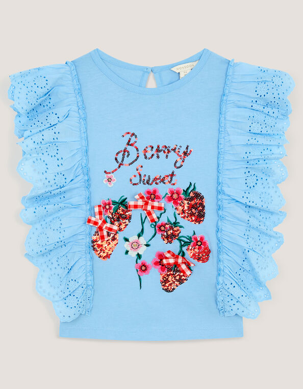 Embellished Strawberry Broderie Ruffle Top, Blue (BLUE), large