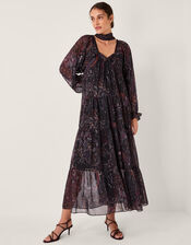 Marianna Paisley Print Tiered Midi Dress, Purple (PURPLE), large