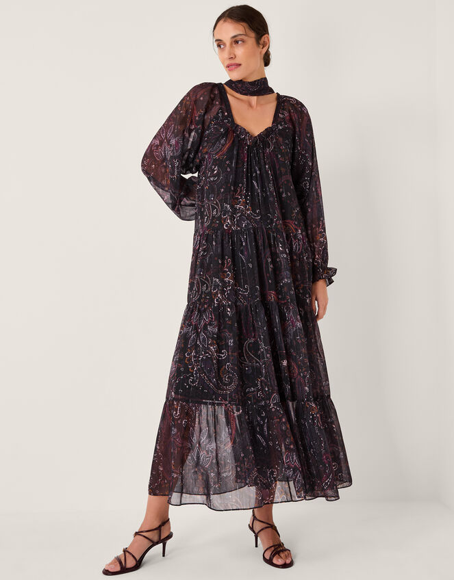 Marianna Paisley Print Tiered Midi Dress, Purple (PURPLE), large
