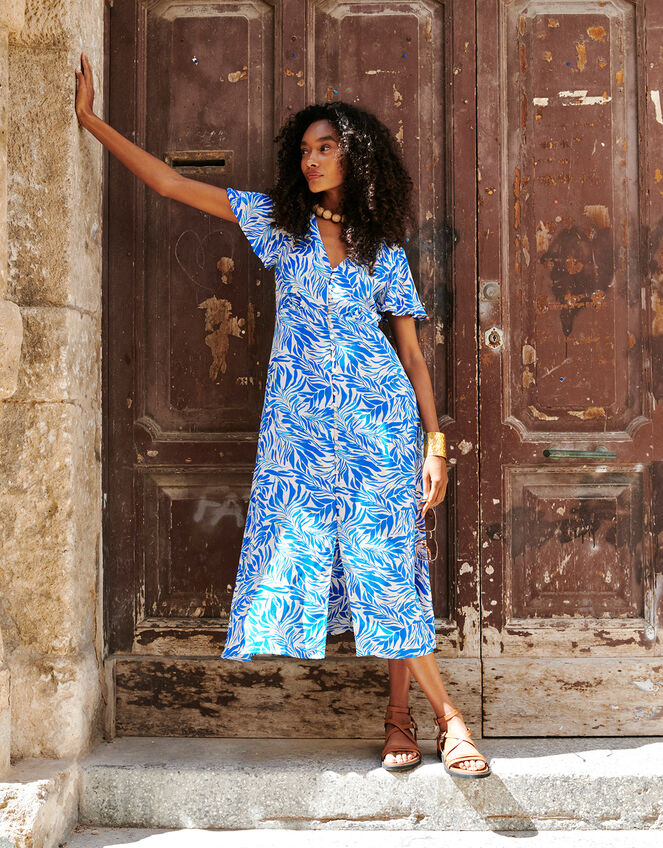 Florence Leaf Print Tea Dress, Blue (BLUE), large
