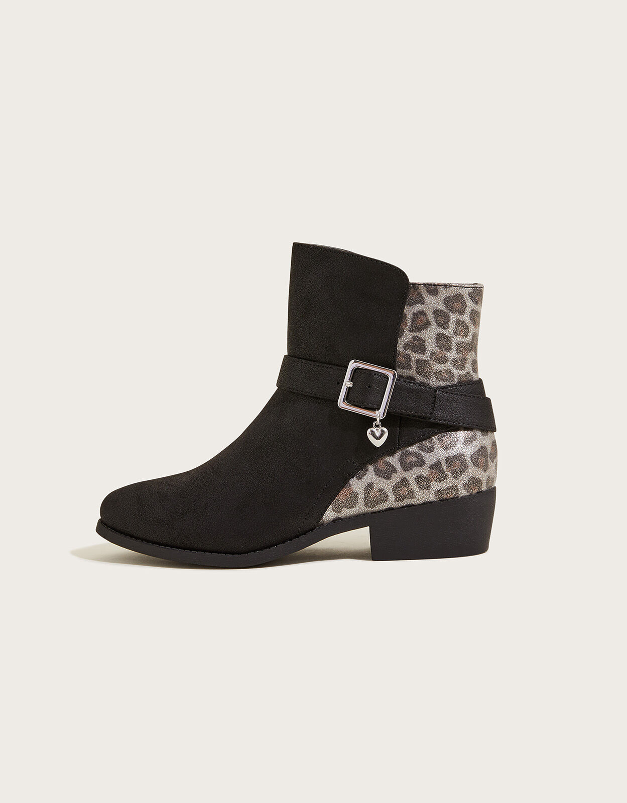 Leopard Heart Buckle Boots Black