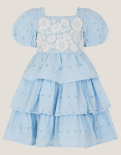 Baby Floral Broderie Puff Sleeve Tiered Dress, Blue (BLUE), large