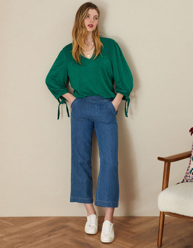 Plain Shirred Jersey Linen Top, Green (GREEN), large