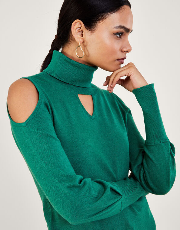 Cold-Shoulder Roll Neck Sweater, Green (EMERALD), large