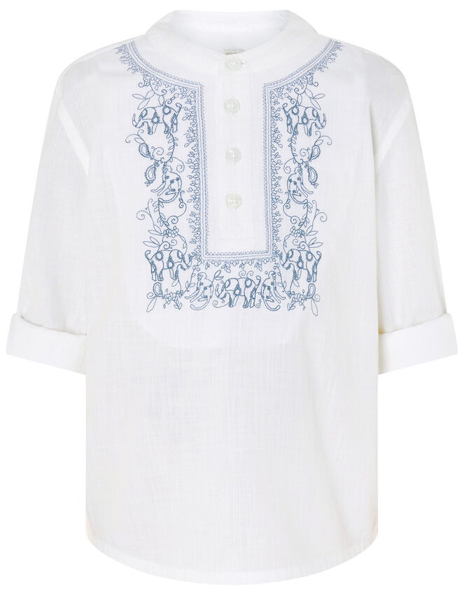 Kurta Embroidered Shirt in Pure Cotton, Blue (BLUE), large