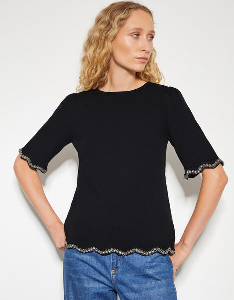 Tia Short Sleeve Diamante Trim Jumper, Black (BLACK), large