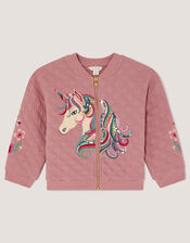 Embellished Unicorn Quilted Bomber Jacket, Pink (PINK), large