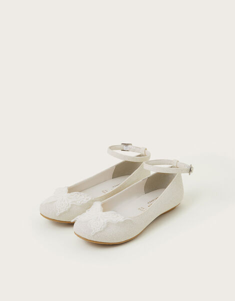 Lace Butterfly Glitter Ballet Flats, Ivory (IVORY), large