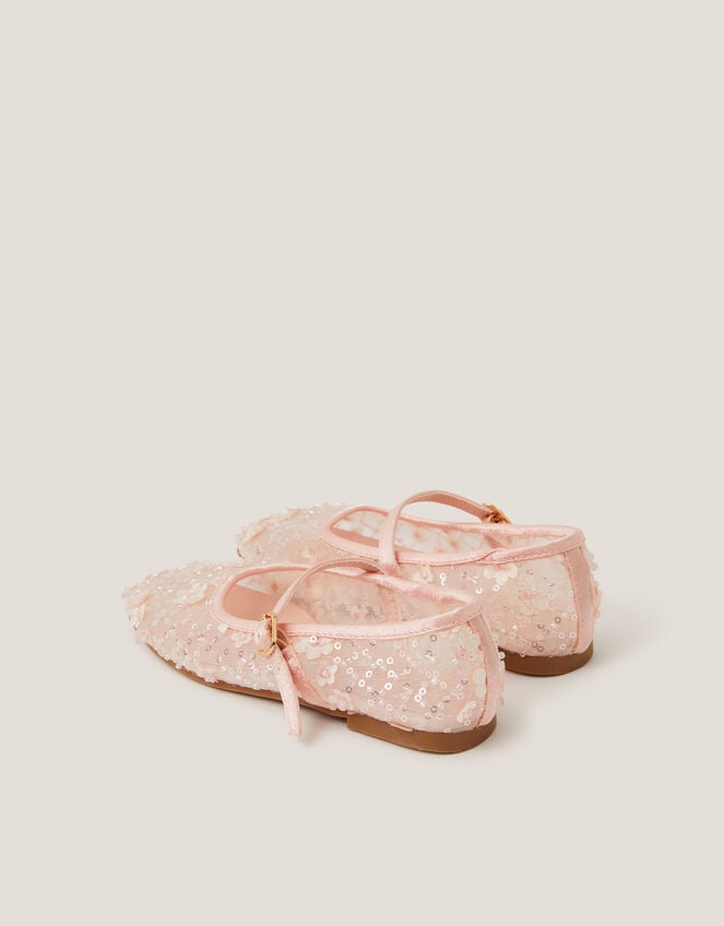 Flower Sparkle Mesh Ballet Flats, Pink (PINK), large