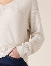 V-Neck Stitchy Yarn Jumper, Ivory (IVORY), large