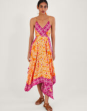 Bandhani Print Hanky Hem Midi Dress in LENZING™ ECOVERO™ , Orange (ORANGE), large