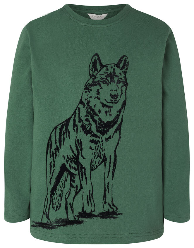 Wolf Print Long Sleeve T-Shirt in Organic Cotton, Green (GREEN), large