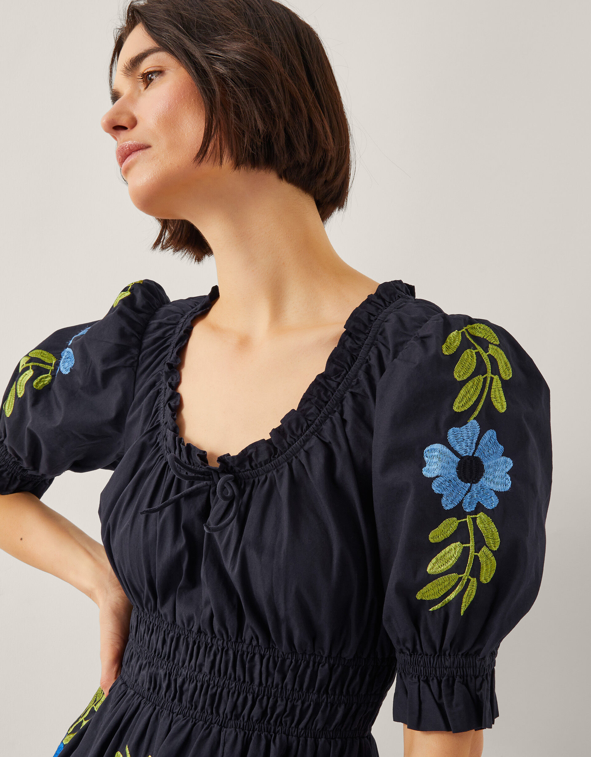 Shona Embroidered Puff-Sleeve Midi Dress Black