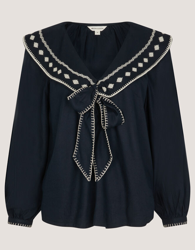 Lola Embroidered Sailor Collar Top, Blue (NAVY), large