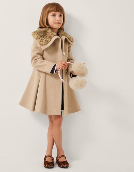 Fluffy Leopard Collar Swing Coat, Camel (OATMEAL), large