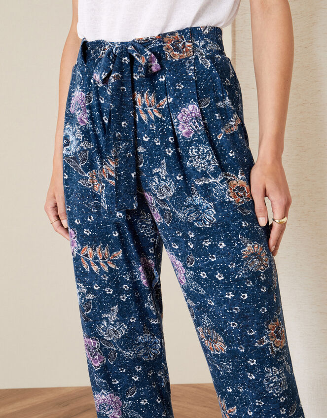 Floral Belted Jersey Trousers, Blue (NAVY), large