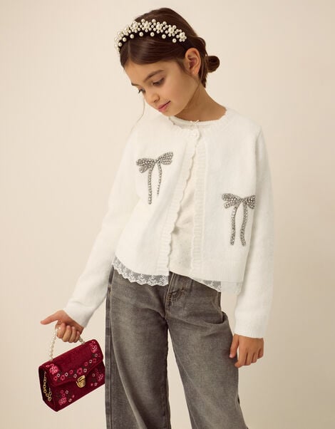 Embellished Bow Cardigan, Ivory (IVORY), large
