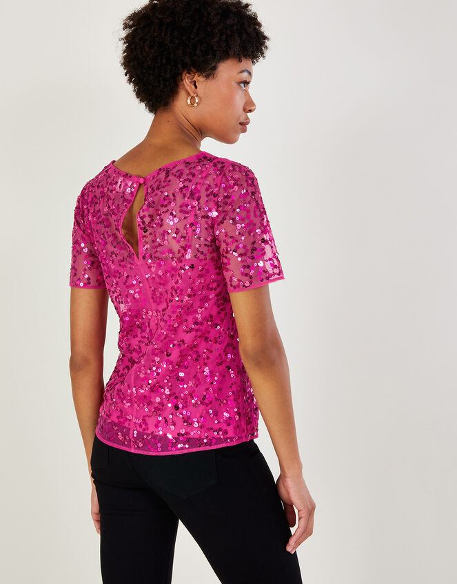 Zoey Sequin T-Shirt in Recycled Polyester, Pink (PINK), large