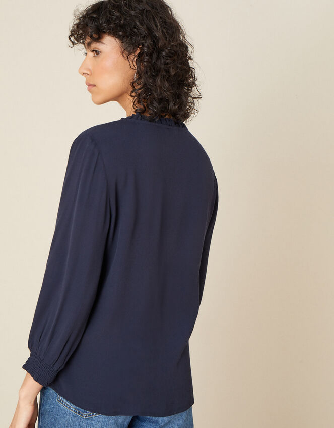 Frill Neck Button Blouse, Blue (NAVY), large