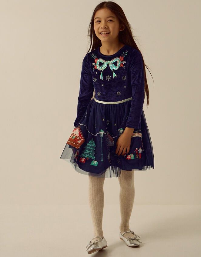 Christmas Market Scene Velvet Disco Dress, Blue (NAVY), large