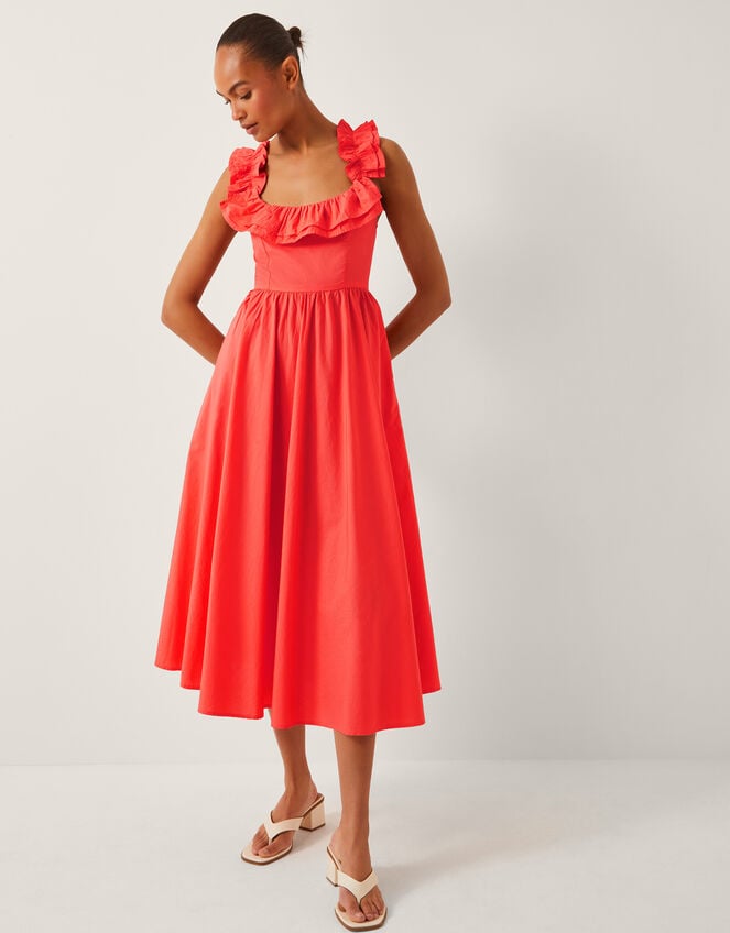 Maria Sleeveless Ruffle Midi Dress, Orange (CORAL), large